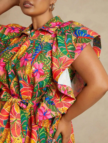 Tropical print puff sleeve dress