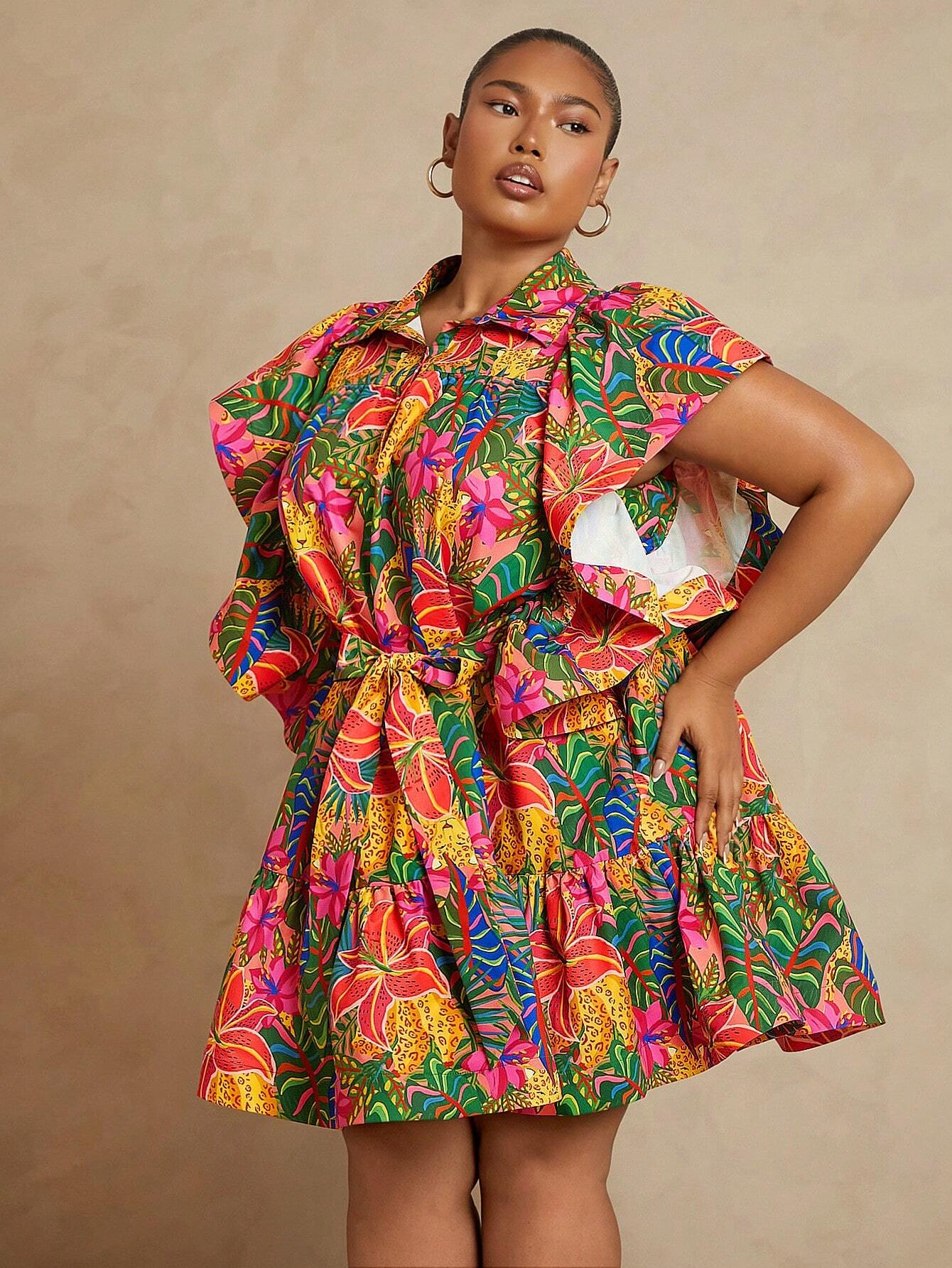 Tropical print puff sleeve dress