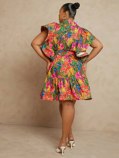 Tropical print puff sleeve dress