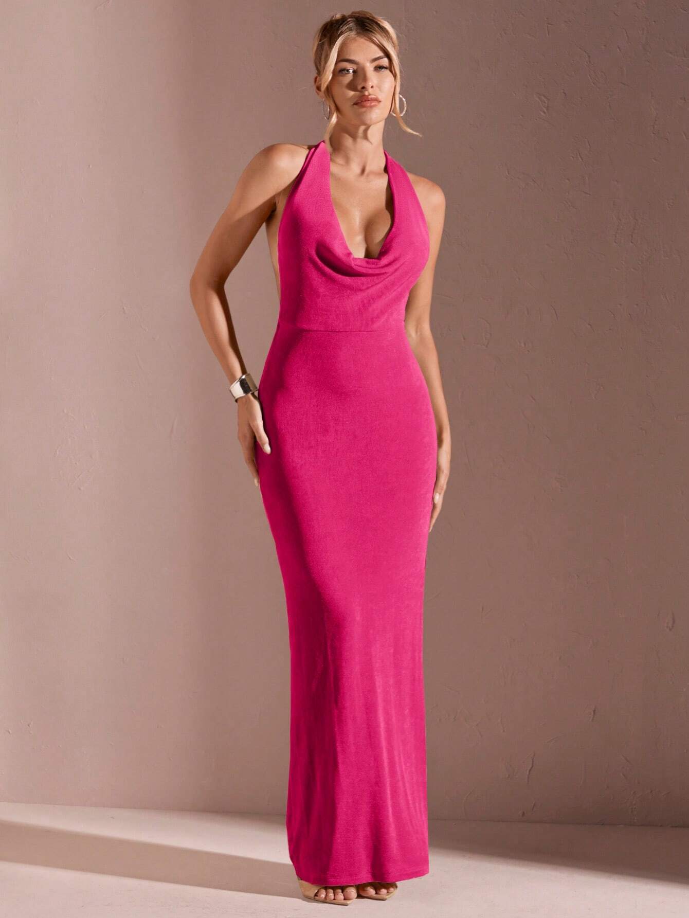 Low back halter cowl neck maxi dress