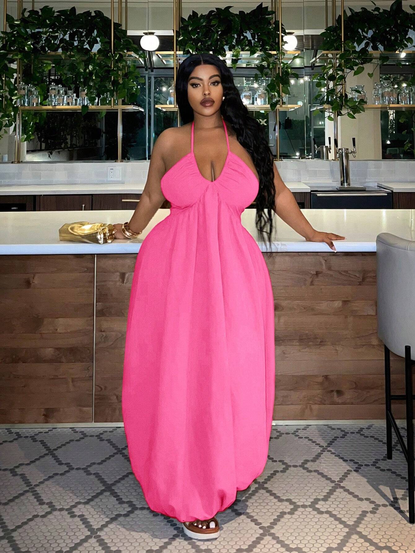 Plus-size halter neck loose maxi dress