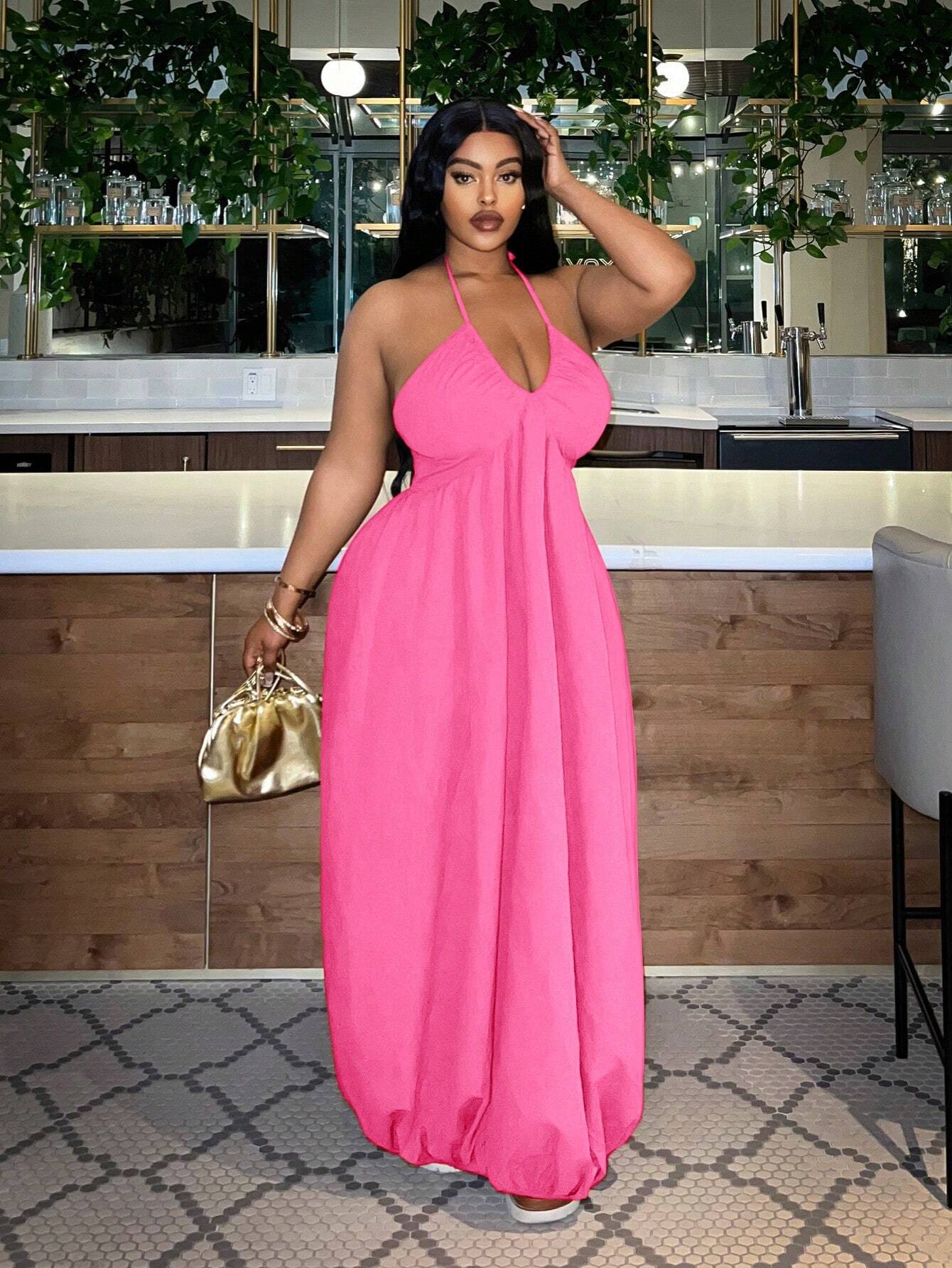 Plus-size halter neck loose maxi dress