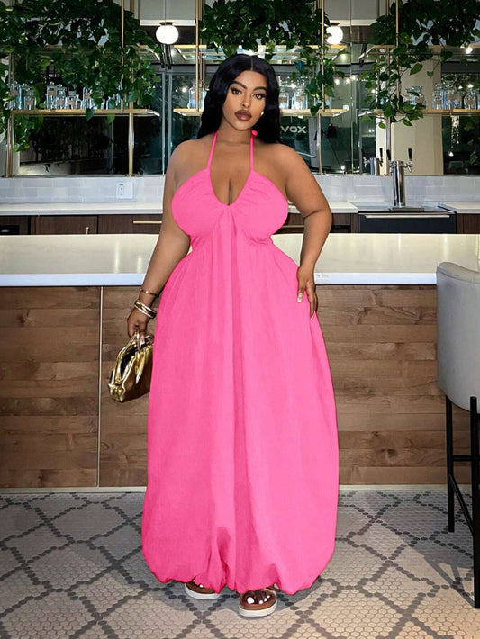 Plus-size halter neck loose maxi dress