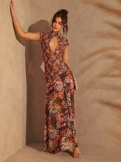 Butterfly print mesh slit dress