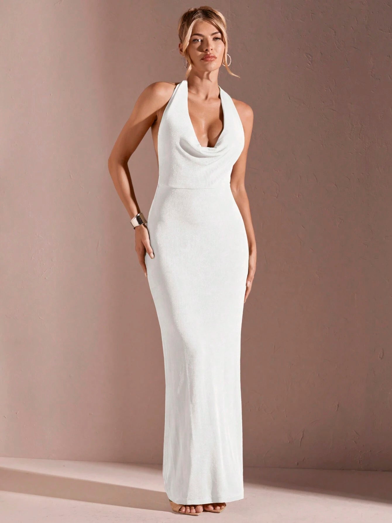 Low back halter cowl neck maxi dress
