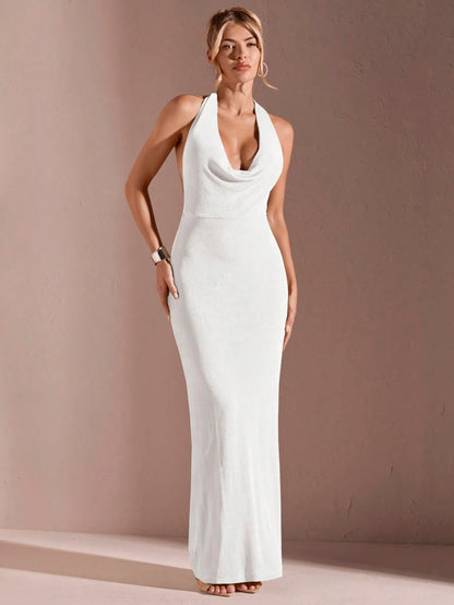 Low back halter cowl neck maxi dress