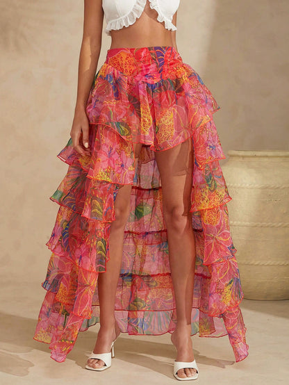 Tropical tiered ruffle skirt