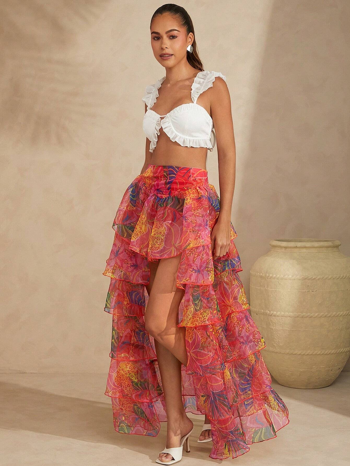 Tropical tiered ruffle skirt