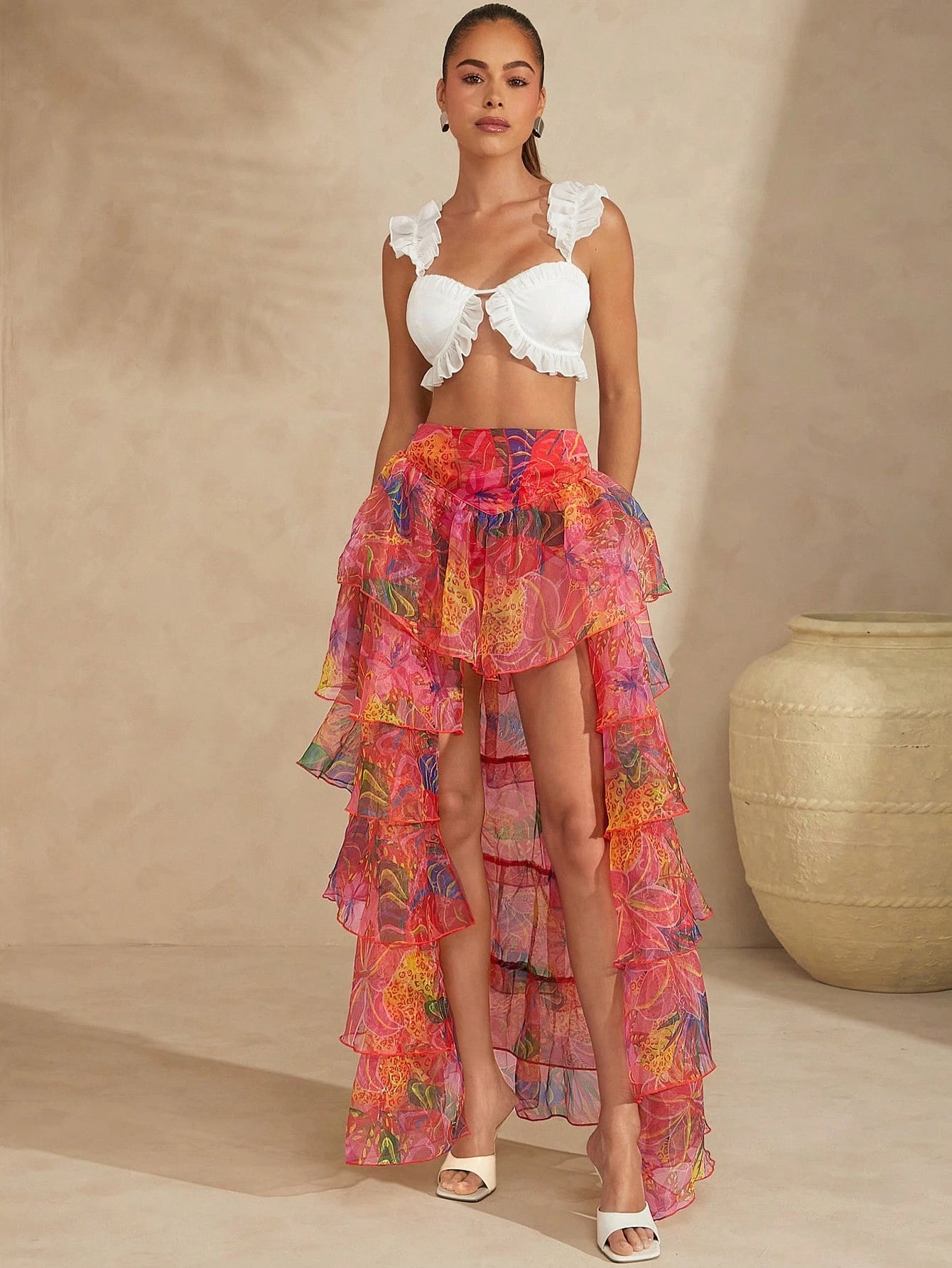 Tropical tiered ruffle skirt