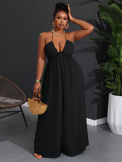 Plus size halter backless wide leg jumpsuit