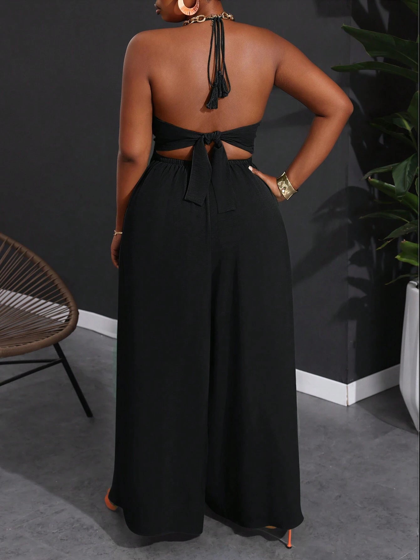 Plus size halter backless wide leg jumpsuit