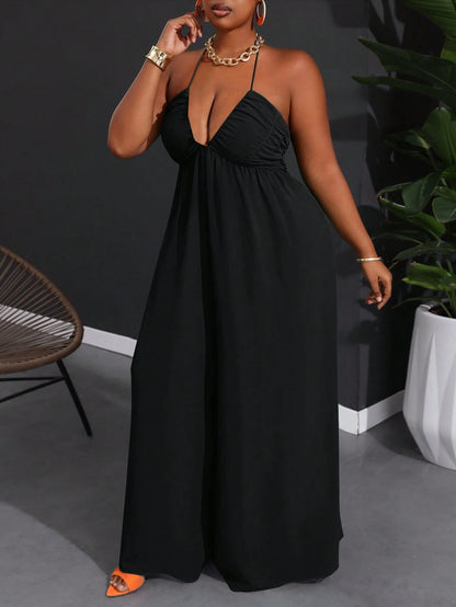 Plus size halter backless wide leg jumpsuit