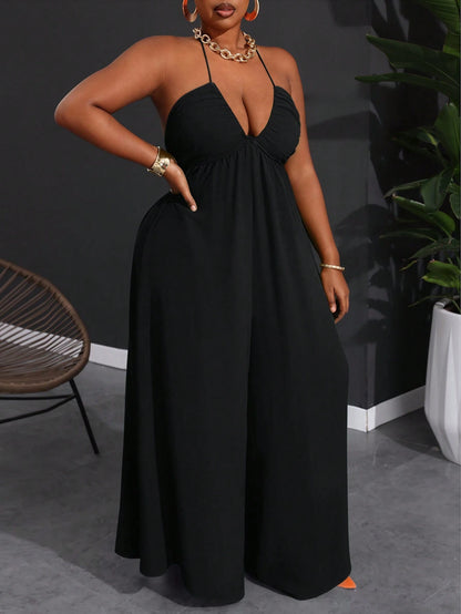 Plus size halter backless wide leg jumpsuit