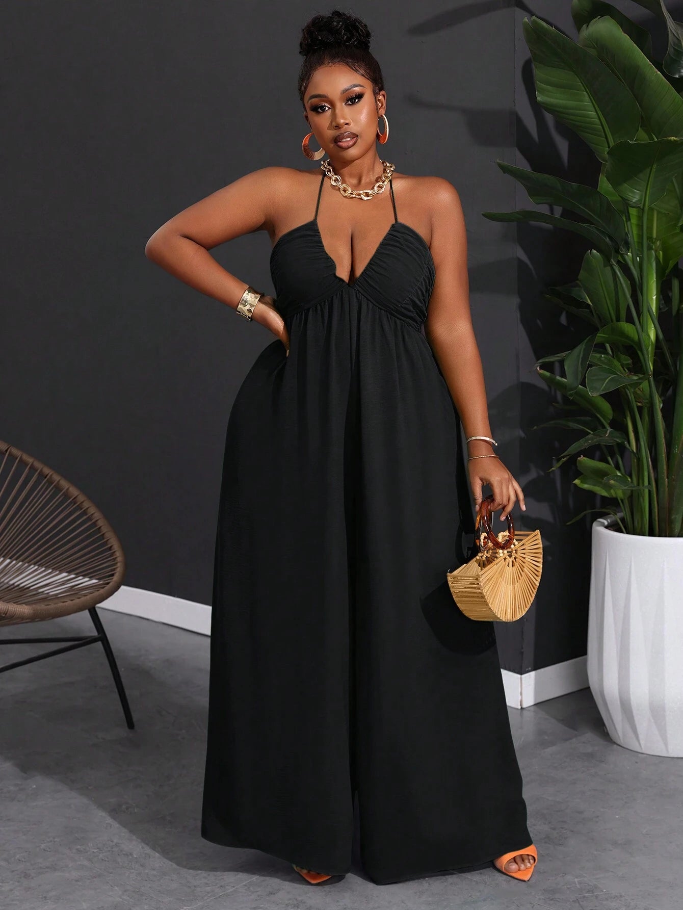 Plus size halter backless wide leg jumpsuit