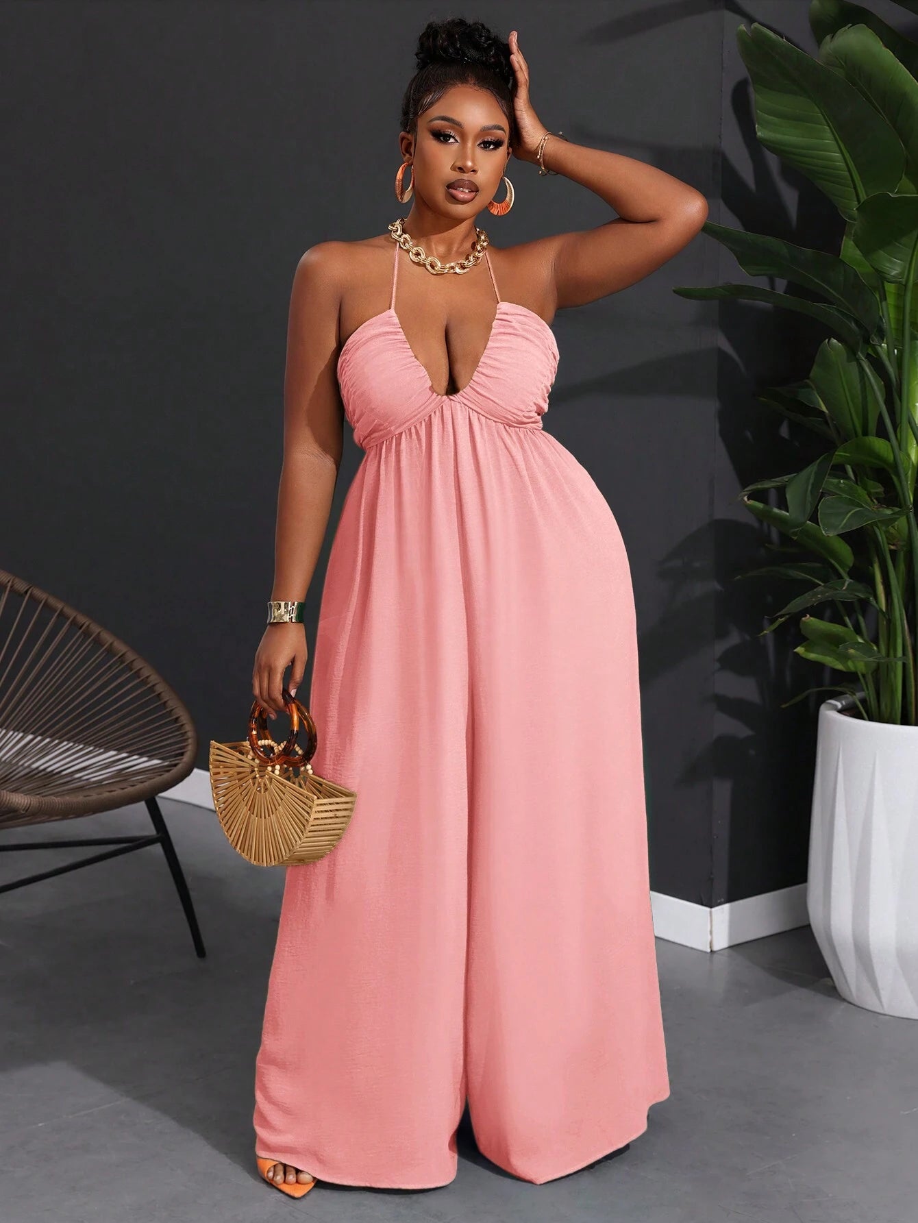 Plus size halter backless wide leg jumpsuit