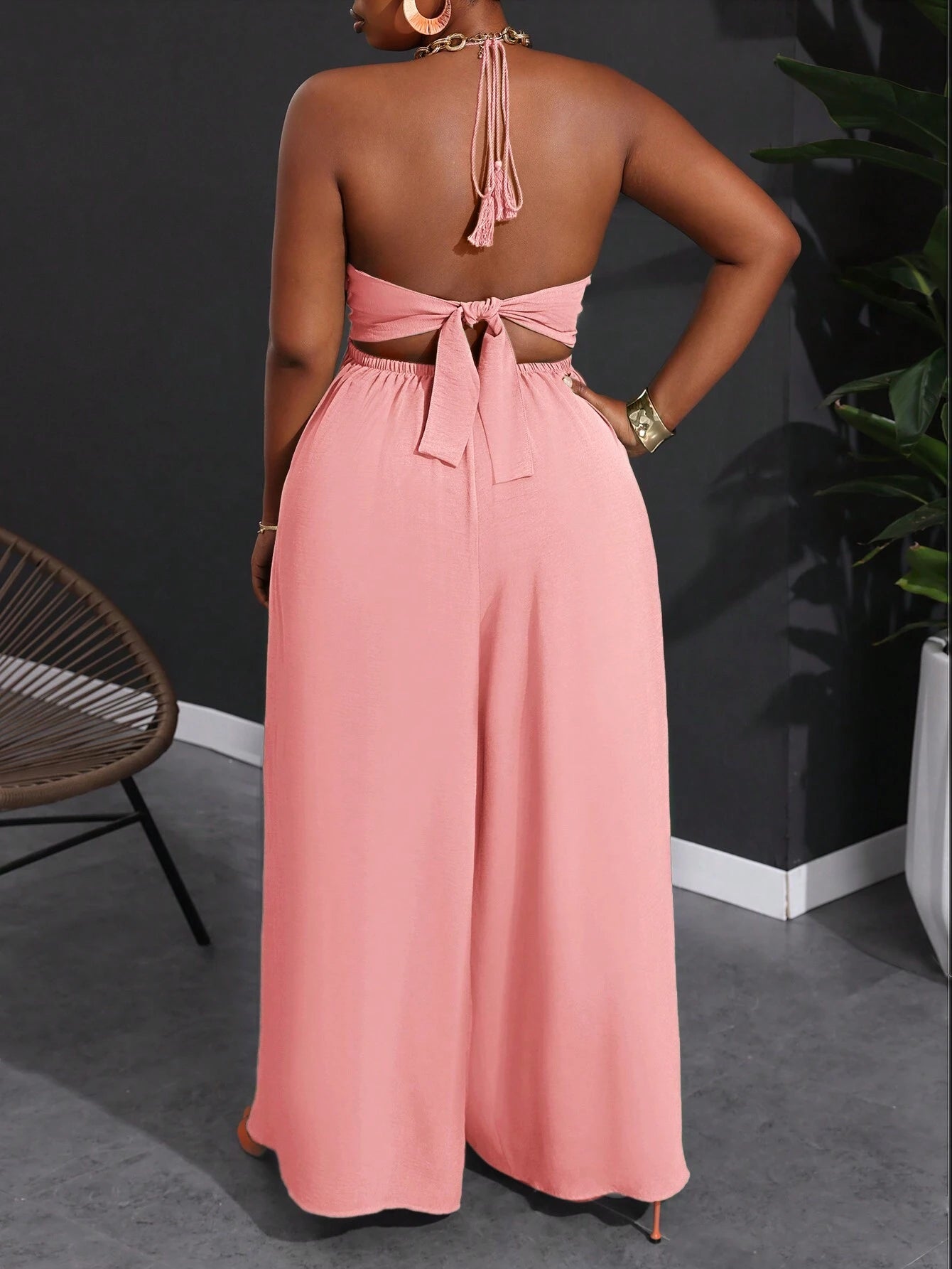 Plus size halter backless wide leg jumpsuit