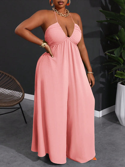 Plus size halter backless wide leg jumpsuit