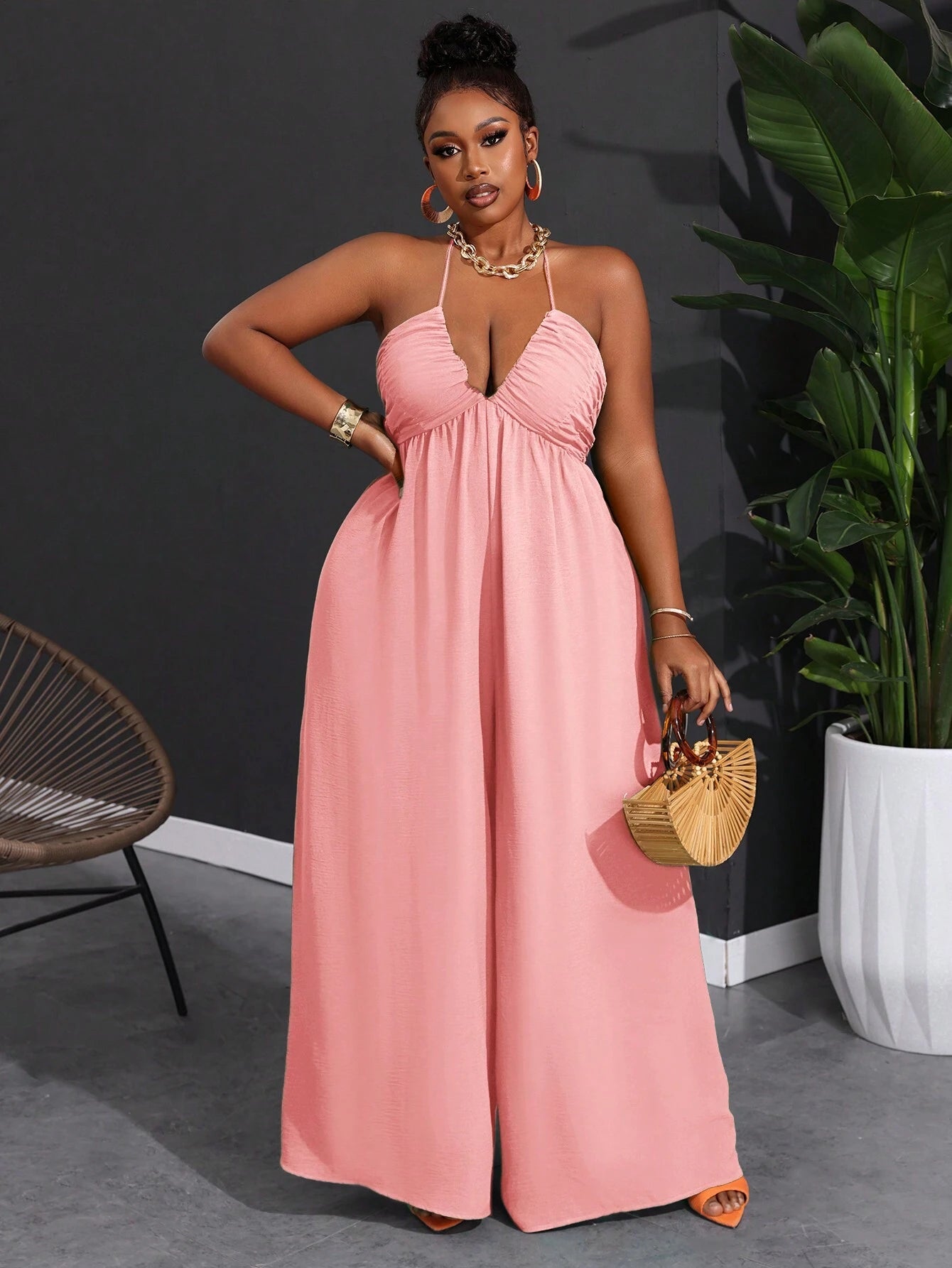 Plus size halter backless wide leg jumpsuit