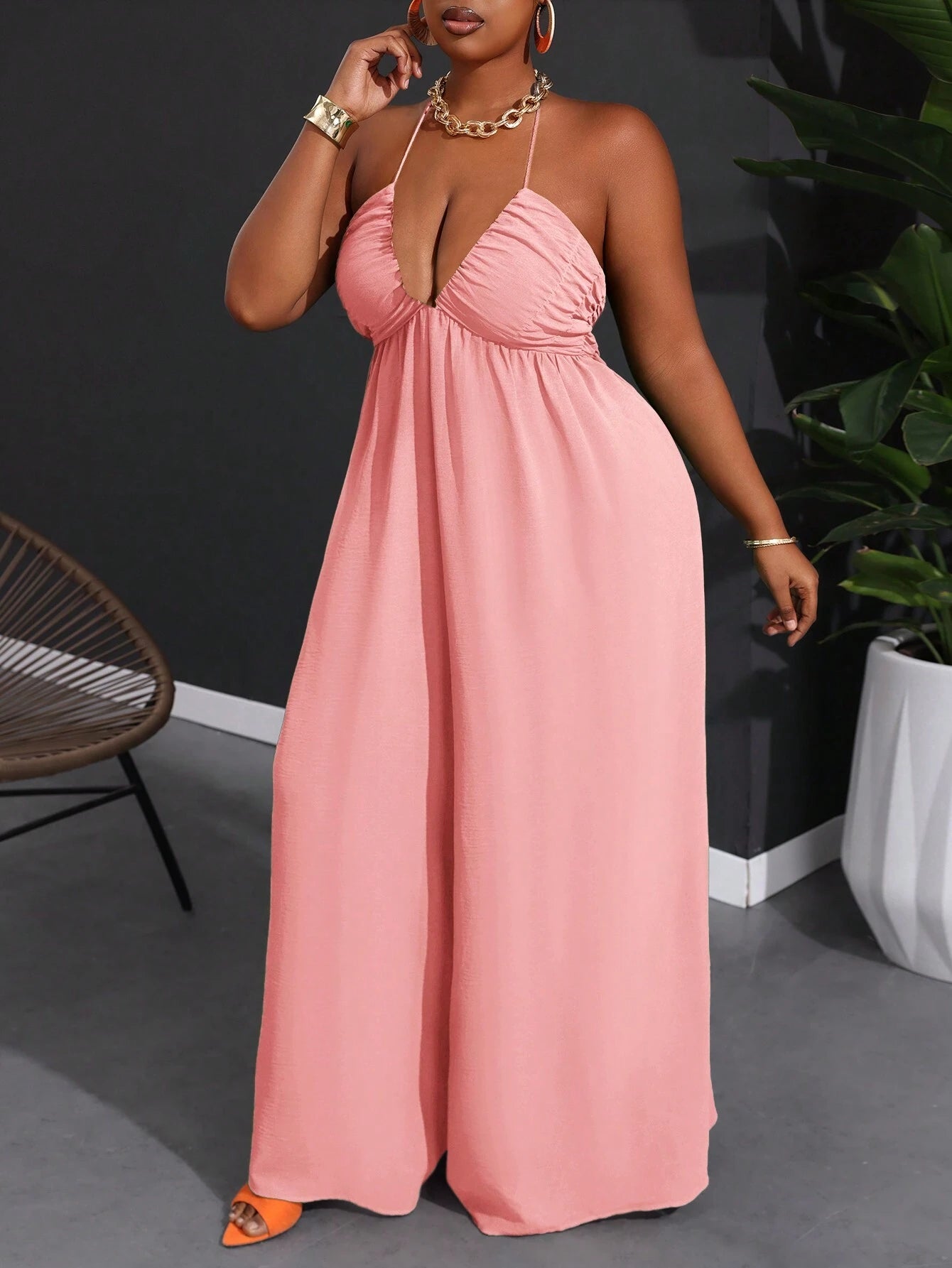 Plus size halter backless wide leg jumpsuit