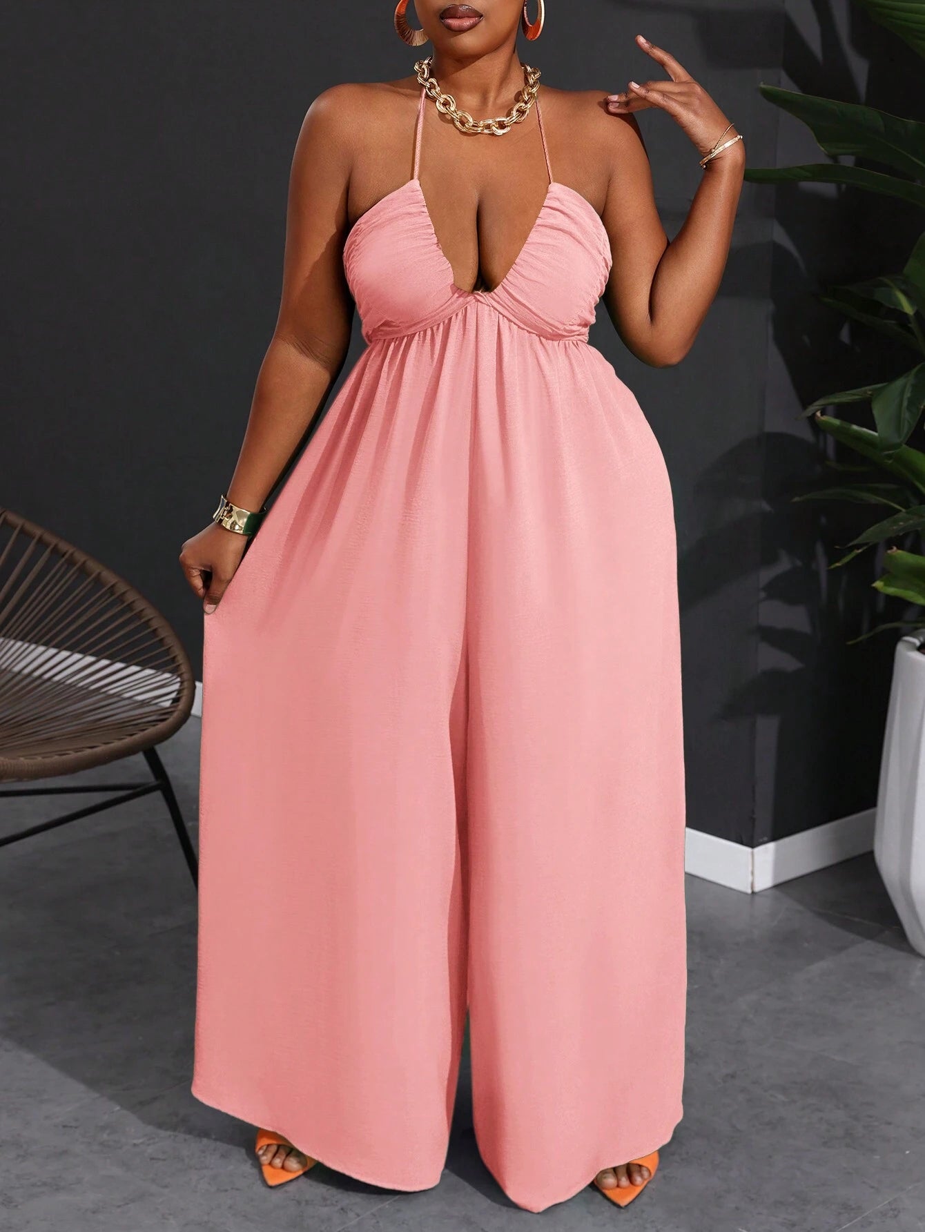 Plus size halter backless wide leg jumpsuit