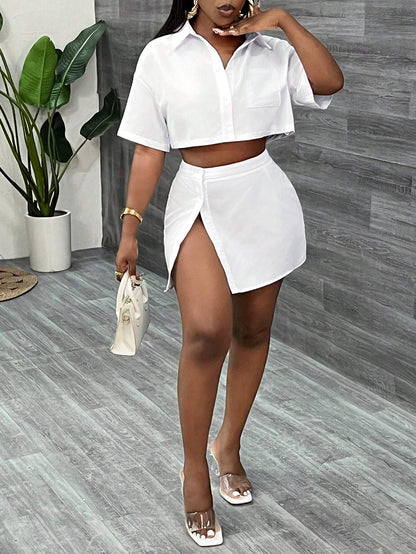 Two piece cropped top and side split mini skirt set