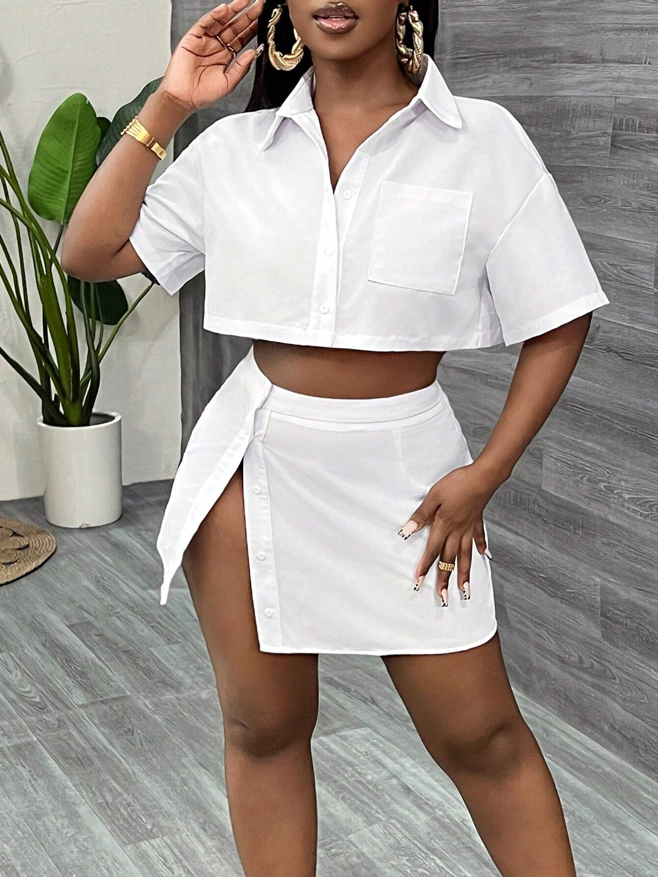 Two piece cropped top and side split mini skirt set