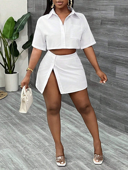 Two piece cropped top and side split mini skirt set