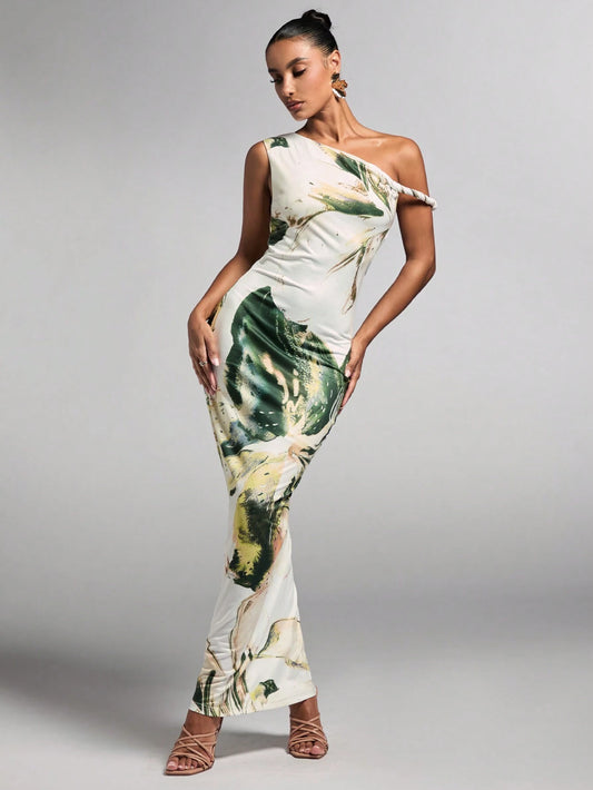 Asymmetrical Floral Open-Shoulder Maxi Dress