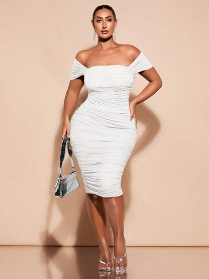 Plus size off shoulder ruched midi dress