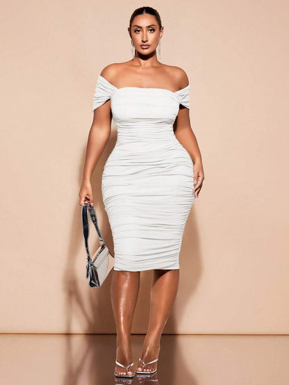 Plus size off shoulder ruched midi dress