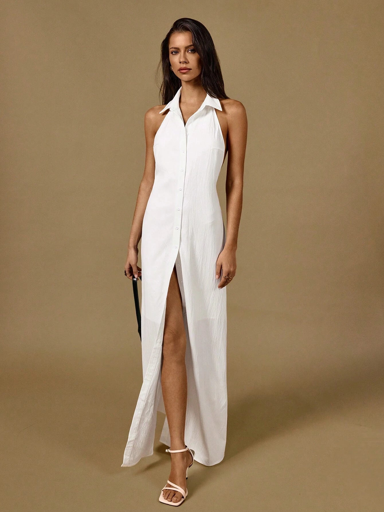 Halterneck sleeveless maxi shirtdress