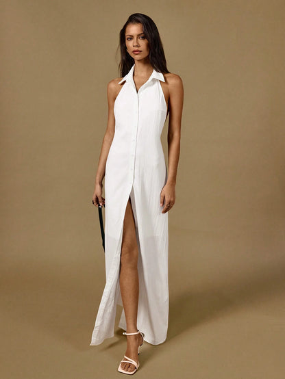 Halterneck sleeveless maxi shirtdress