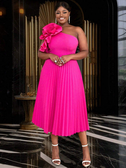 Plus-size 3d rose ruched pleated dress
