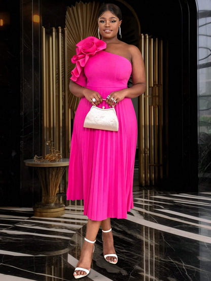 Plus-size 3d rose ruched pleated dress