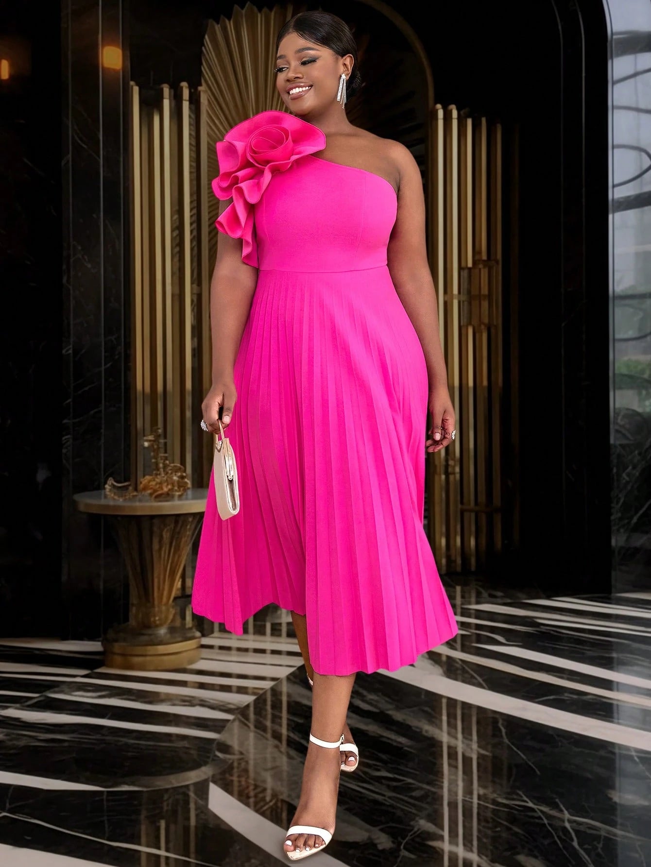Plus-size 3d rose ruched pleated dress