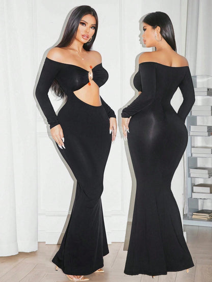 Off shoulder cut out waist bodycon dress