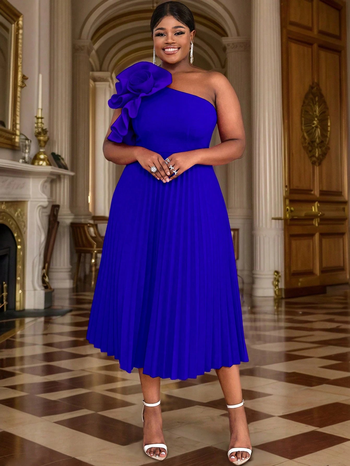 Plus-size 3d rose ruched pleated dress
