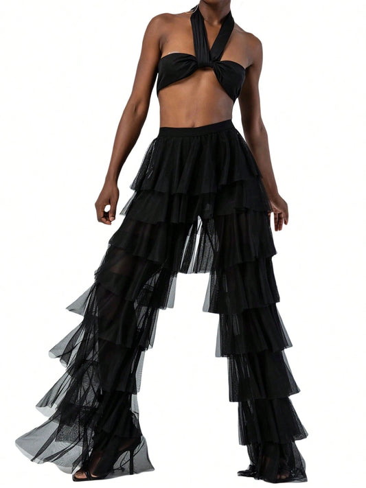 High waist layered tulle pants