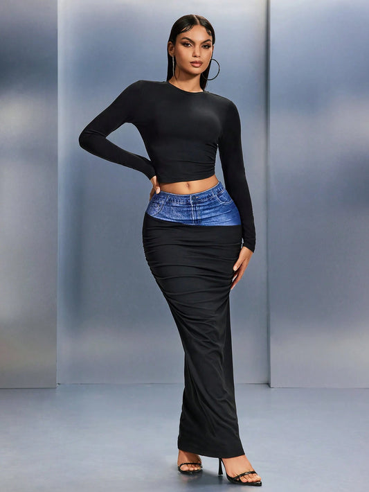 Plus size denim effect patchwork short top and midi skirt