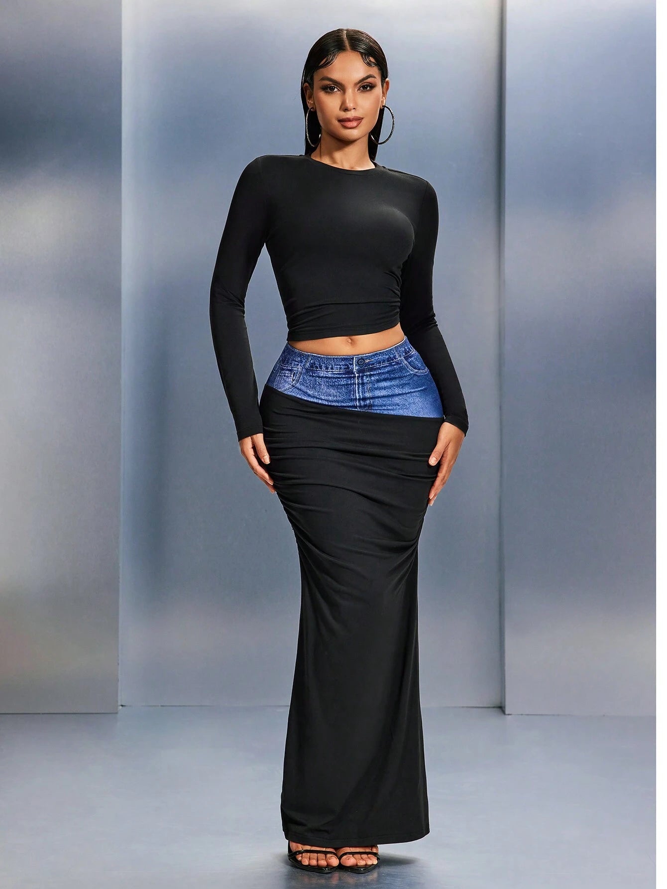 Plus size denim effect patchwork short top and midi skirt