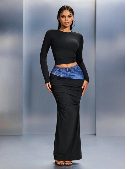 Plus size denim effect patchwork short top and midi skirt