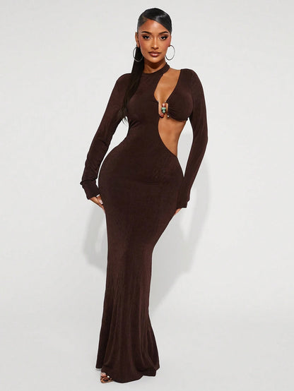 Metal buckle decor long sleeve dress
