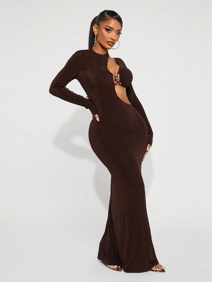 Metal buckle decor long sleeve dress