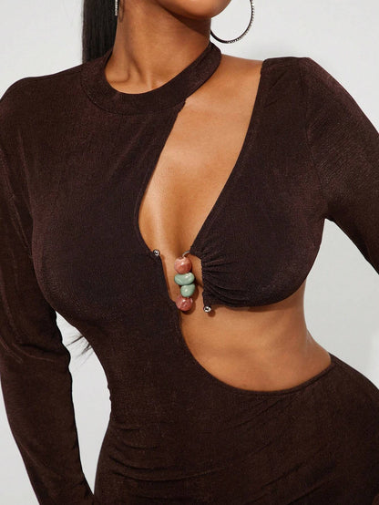 Metal buckle decor long sleeve dress
