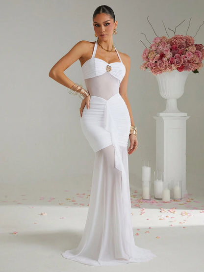 Ruffle fitted sheer maxi dress