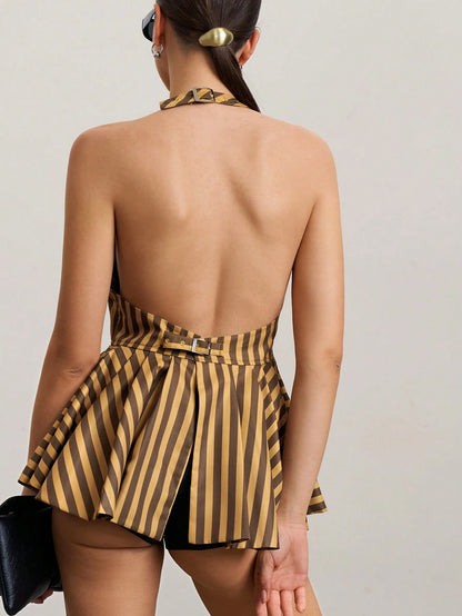 Striped sleeveless halter back tank top