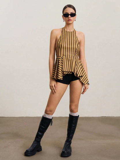 Striped sleeveless halter back tank top