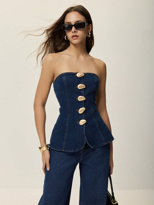 Denim tube top with metallic buttons