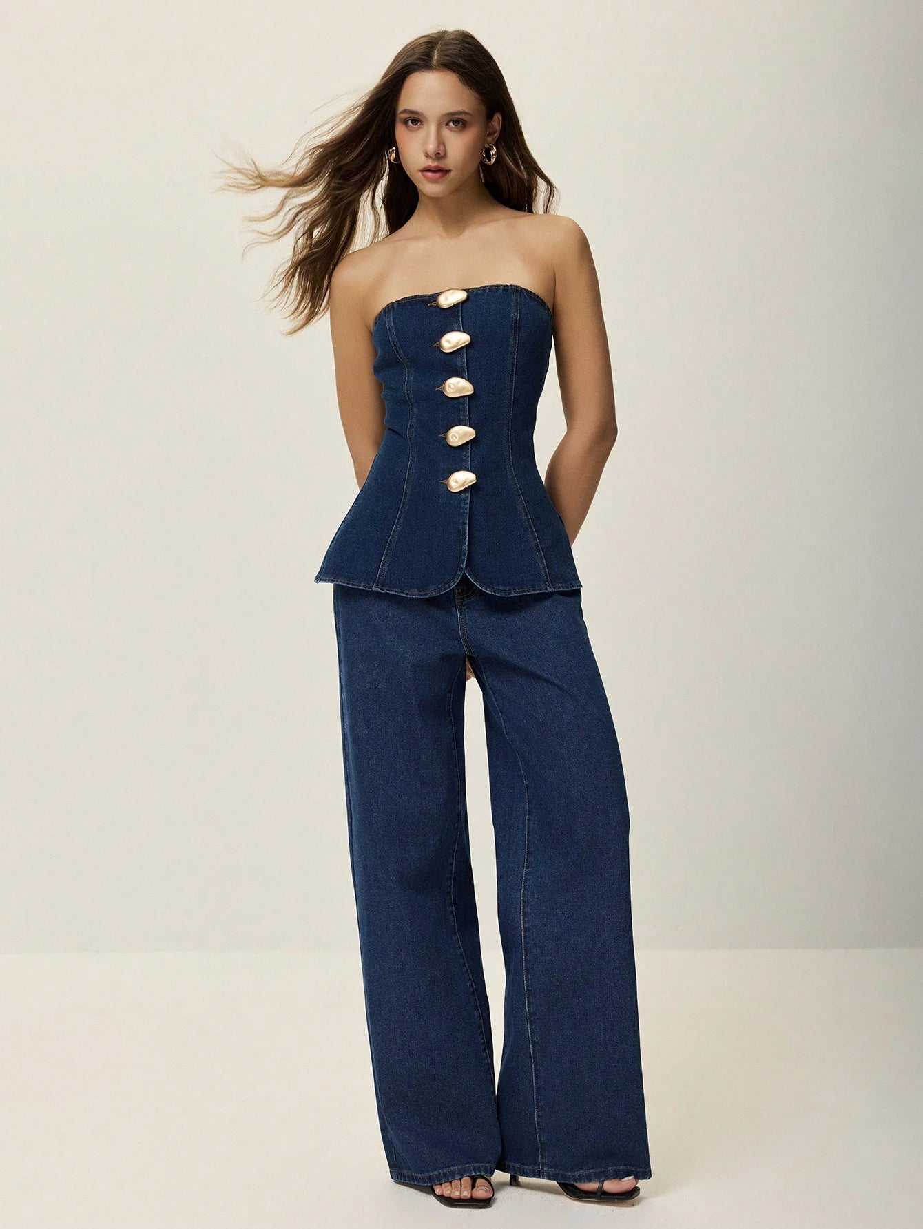 Denim tube top with metallic buttons