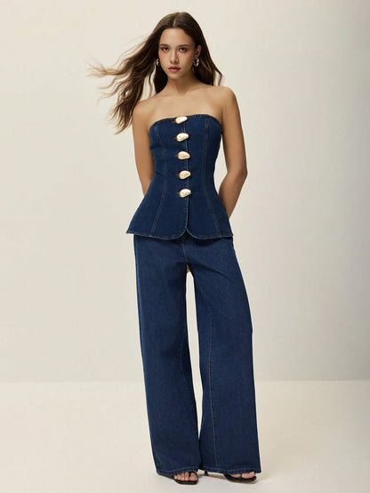 Denim tube top with metallic buttons